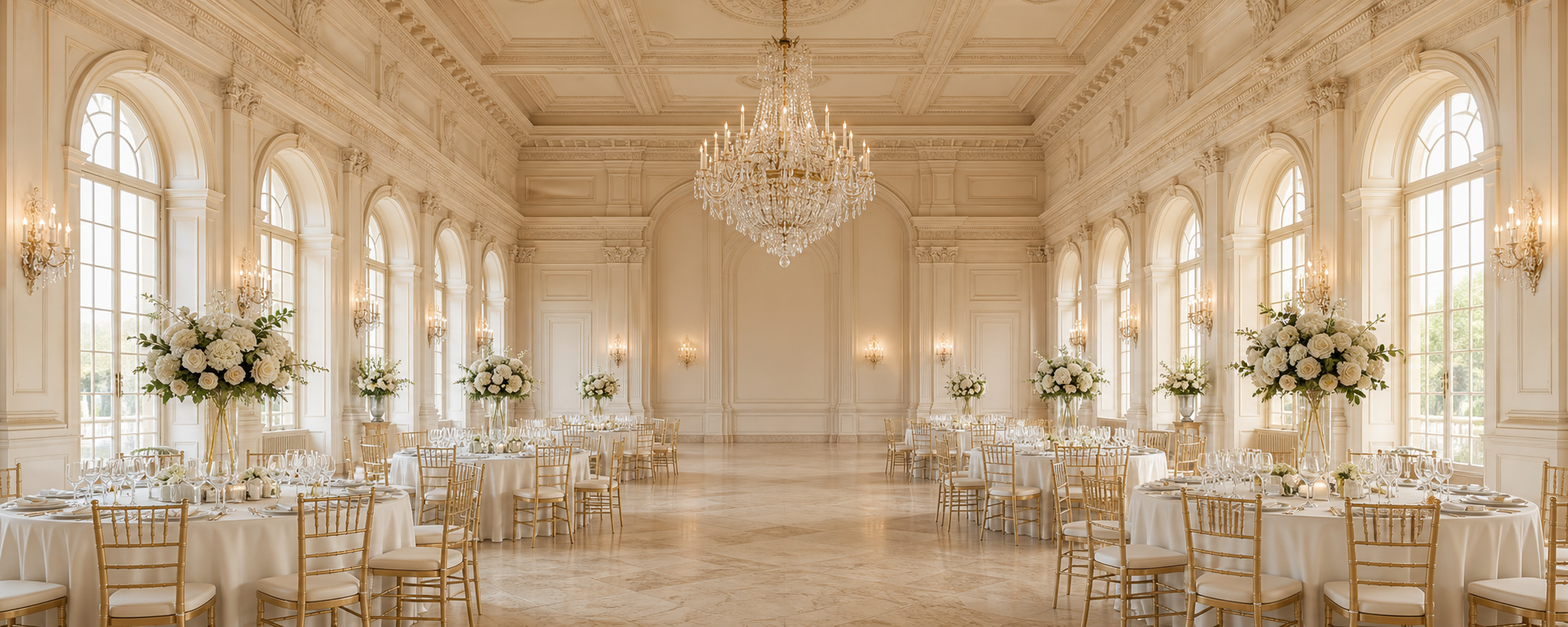 Lumière's grand ballroom set for an elegant wedding